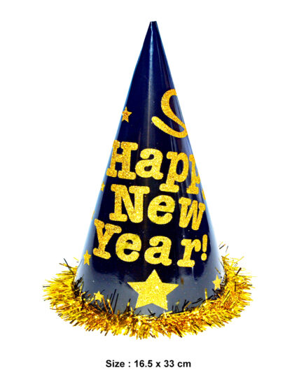 Happy New Year Black Cone Hat With Gold Glitter