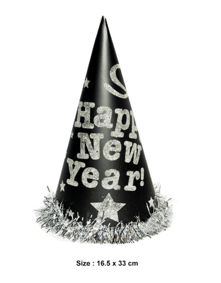 Black Paper cone Hat Printed With Happy New Year Silver Glitter